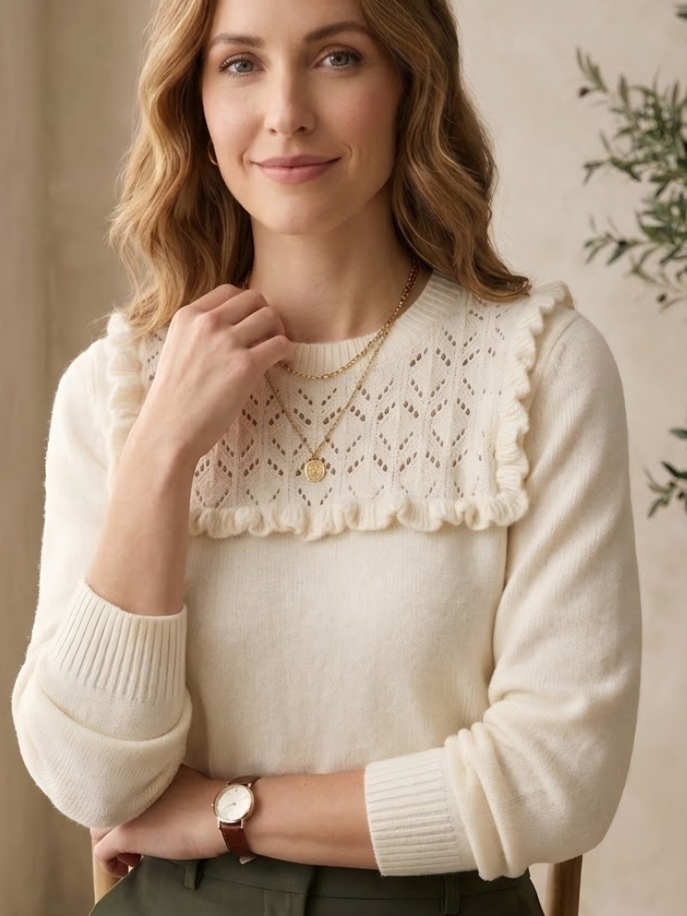 Talbots Women’s Cream Ruffled Yoke Sweater size L